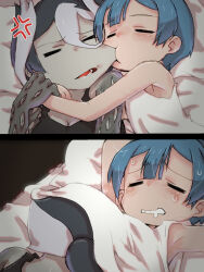 1boy 1girl 2koma age_difference anger_vein bad_id bad_twitter_id biting black_bra black_hair blue_hair bra center-flap_bangs closed_eyes comic drooling hair_between_eyes hetero holding_another&#039;s_wrist hug inactive_account made_in_abyss maruruk multicolored_hair onee-shota open_mouth ozen pale_skin sweat tank_top two-tone_hair under_another&#039;s_clothes underwear white_hair white_tank_top ximu_shilang