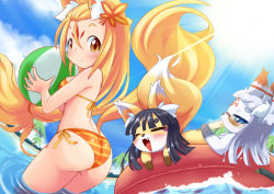 3girls animal_ears ball beachball bikini blonde_hair blue_eyes blue_hair blush breasts closed_eyes fox_ears fox_tail furry furry_female innertube kiko_(ukan_muri) long_hair looking_back multiple_girls open_mouth original sakame_(ukan_muri) smile swim_ring swimsuit tail tsune-hime ukan_muri wading yellow_eyes