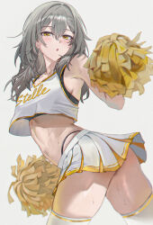 1girl :o absurdres alternate_costume amiki_yuzuru arched_back armpit_crease black_sports_bra blurry bra bra_peek breasts cheerleader closed_mouth crop_top depth_of_field dot_mouth grey_hair hair_between_eyes highleg highleg_panties highres holding holding_pom_poms honkai:_star_rail honkai_(series) light_blush long_hair looking_at_viewer midriff panties pleated_skirt pom_pom_(cheerleading) pom_poms shirt skirt sleeveless sleeveless_shirt small_breasts solo sports_bra stelle_(honkai:_star_rail) sweat thighhighs thighs trailblazer_(honkai:_star_rail) underwear white_shirt white_skirt white_thighhighs yellow_eyes yellow_pom_poms zettai_ryouiki