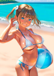 1girl areola_slip ball bare_arms beachball bikini blue_eyes blue_sky blush breasts brown_hair cleavage collarbone commentary_request covered_erect_nipples day grin hair_ornament hair_scrunchie highres holding holding_ball holding_beachball horizon large_breasts looking_at_viewer navel ocean original outdoors scrunchie short_hair sidelocks sky smile solo standing swimsuit tan tanline twintails underboob uzuki_mei white_bikini