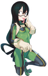 1girl asui_tsuyu ataruman black_boots black_eyes black_hair bodysuit boku_no_hero_academia boots breasts commentary_request eye_mask frog_girl gloves green_bodysuit hair_between_eyes hair_rings highres long_hair long_tongue low-tied_long_hair simple_background small_breasts solo thigh_boots tongue tongue_out white_background white_gloves
