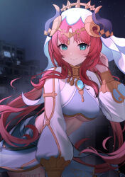 1girl absurdres aqua_eyes artist_name black_background blue_skirt blush breasts brooch building chinese_commentary circlet closed_mouth clothing_cutout commentary_request crop_top fake_horns floating_hair genshin_impact gold_trim hand_in_own_hair hand_up harem_outfit highres hnbsgy horns jewelry leaning_forward long_hair long_sleeves looking_at_viewer medium_breasts neck_ring night night_sky nilou_(genshin_impact) puffy_long_sleeves puffy_sleeves red_hair revision sidelocks skirt sky smile solo twintails underboob veil