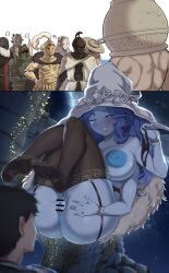 Rule 34 | 3girls, 6+boys, anus, ass, black panties, blue eyes, blue skin, blush, breasts, colored skin, curvy, dryleaf dane, elden ring, elden ring: shadow of the erdtree, feet, hat, highres, hornsent (elden ring), huge areolae, huge ass, huge breasts, intruder (1391685345), let me solo her, long hair, moore (elden ring), multiple boys, multiple girls, needle knight leda, night, night sky, one eye closed, outdoors, panties, plump, puffy areolae, puffy nipples, purple hair, pussy, ranni the witch, redmane freyja, sir ansbach, sky, smile, tarnished (elden ring), thick thighs, thighhighs, thighs, thiollier (elden ring), underwear, unworn panties, wavy hair, wide hips, witch hat