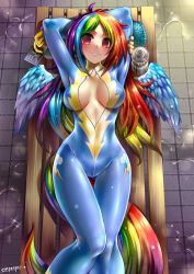 Rule 34 | 1girl, arms behind head, artist name, blonde hair, blue hair, bodysuit, breasts, cleavage cutout, clothing cutout, covered erect nipples, curvy, emperpep, female focus, green hair, large breasts, long hair, looking at viewer, lying, multicolored eyes, multicolored hair, my little pony, my little pony: friendship is magic, on back, orange hair, personification, purple hair, rainbow dash, rainbow hair, red hair, shiny skin, skin tight, smile, solo, tail, thigh gap, unzipped, wings