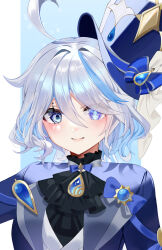 1girl absurdres ahoge ascot black_ascot blue_bow blue_eyes blue_hair blue_hat blue_jacket bow brooch emduck furina_(genshin_impact) genshin_impact hair_between_eyes hat hat_bow highres jacket jewelry looking_at_viewer revision short_hair smile solo top_hat upper_body