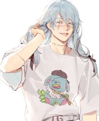 1boy blue_eyes blue_hair d&amp;g heterochromia jujutsu_kaisen long_hair mahito_(jujutsu_kaisen) male_focus nonockha parted_lips print_shirt shirt simple_background smile solo stitched_arm stitched_face stitched_neck stitches upper_body white_background yellow_eyes