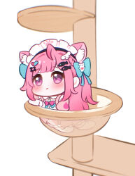 1girl :c ahoge animal_ears blue_bow blush bow braid cat_choker cat_ears cat_girl chibi chibi_only choker closed_mouth dress extra_ears fish_hair_ornament ghost_hair_ornament hair_bow hair_ornament hairclip heart heart_hair_ornament indie_virtual_youtuber long_hair maid maid_headdress nikoo o-ring o-ring_choker paw_print pink_bow pink_dress pink_eyes pink_hair scratching_post simple_background solo thighhighs virtual_youtuber white_background white_thighhighs wing_hair_ornament yuuki_sakuna yuuki_sakuna_(1st_costume)