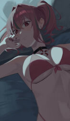 Rule 34 | 1girl, arm up, armpits, azur lane, bare shoulders, bed sheet, bikini, black choker, breasts, bremerton (azur lane), choker, cleavage, closed mouth, commentary, cowboy shot, crossed bangs, ear piercing, front-tie bikini top, front-tie top, grey hair, hair between eyes, hair intakes, highleg, highleg bikini, highres, lifebuoy ornament, long hair, looking at viewer, lying, medium breasts, mole, mole under eye, multicolored hair, navel, on back, parted lips, piercing, pillow, pink bikini, pink eyes, pink hair, pink nails, satuki 518, sidelocks, solo, stomach, streaked hair, swimsuit, twintails