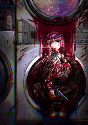 1other absurdres bandana black_eyes black_nails blood blood_on_clothes blood_on_face butterfly_sitting despair gun handgun highres holding holding_weapon jacket jinba_(jinbarta2) open_clothes open_jacket organs original revolver sitting smoking sweater sweater_vest washing_machine weapon white_hair white_sweater_vest