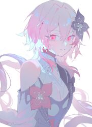 1girl absurdres black_flower commentary evernight_(honkai:_star_rail) flower grin hair_between_eyes hair_flower hair_ornament highres honkai:_star_rail honkai_(series) long_hair looking_at_viewer luzi/fengli_nanzi march_7th_(honkai:_star_rail) pink_eyes pink_hair simple_background single_bare_shoulder smile solo symbol-only_commentary upper_body white_background