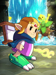 1girl among_us_drip_(meme) artist_name bed blonde_hair blue_cloak blush chibi clenched_hand cloak closed_mouth column commentary crocs dress drip_(meme) english_commentary green_shoes hair_bun highres holding holding_staff linker long_sleeves meme motion_blur nintendo peahat pillar pointy_ears princess_zelda shoes single_hair_bun smile solid_oval_eyes sparkle staff standing the_legend_of_zelda the_legend_of_zelda:_echoes_of_wisdom tiara tri_(zelda) tri_rod water waterfall zora&#039;s_flippers