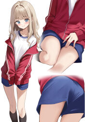 1girl ass black_socks blue_eyes blue_shorts blush breasts brown_hair collarbone gym_shirt gym_shorts highres jacket kneehighs long_hair original petite red_jacket shirt shorts small_breasts smile socks thalia thighs track_jacket upshorts white_background white_shirt