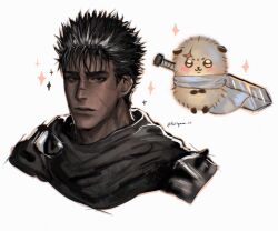 Rule 34 | 1boy, :3, absurdres, berserk, black hair, blush, chiikawa, creature, crossover, dark-skinned male, dark skin, fluffy, fluffysaimai ii, guts (berserk), highres, male focus, multiple boys, otter, portrait, rakko (chiikawa), scar, scar on face, scar on nose, short hair, sparkle, sword, sword on back, twitter username, weapon, weapon on back