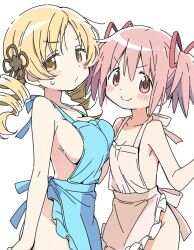 2girls ai-generated annoyed apron armpits bare_arms bare_shoulders blush breasts closed_mouth collarbone dot_nose feet_out_of_frame female_focus hair_between_eyes kaname_madoka kwgsubmadohomu large_breasts legs long_hair looking_at_viewer mahou_shoujo_madoka_magica multiple_girls naked_apron no_bra pink_eyes pink_hair sideboob small_breasts smile standing sweatdrop tomoe_mami