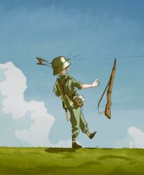 1girl blonde_hair blood bolt_action canteen cloud combat_helmet commentary_request day death grass green_jacket green_pants gun hagetaro1221 headshot helmet highres jacket mauser_98 original outdoors pants rifle sky solo stahlhelm weapon wehrmacht world_war_ii