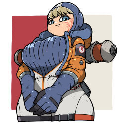 1girl apex_legends blonde_hair blue_eyes blue_gloves breasts closed_mouth facial_scar gloves highres hood hood_down hooded_jacket jacket large_breasts lichtenberg_figure name_omoitukan2 open_clothes open_jacket orange_jacket own_hands_together scar scar_on_cheek scar_on_face short_hair smile solo v_arms wattson_(apex_legends)