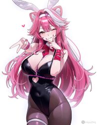 1girl ;q animal_ears bare_shoulders black_leotard bow bowtie breasts center-flap_bangs cleavage clothing_cutout commentary covered_navel cowboy_shot cutout_above_navel detached_collar english_commentary fake_animal_ears gyaru_v hairband hand_up heart_cutout highres hololive hololive_english large_breasts leotard long_hair looking_at_viewer miyuchiq multicolored_hair one_eye_closed outstretched_arm panther_ears panther_girl panther_tail pink_hair playboy_bunny rabbit_ears rabbit_hole_(vocaloid) raora_panthera red_bow red_bowtie sidelocks simple_background smile solo strapless streaked_hair tail thigh_strap tongue tongue_out v v_over_mouth very_long_hair virtual_youtuber white_background white_hair white_hairband yellow_eyes