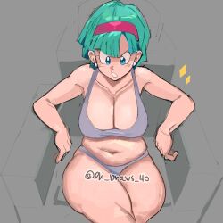 Rule 34 | 1girl, ass, blue eyes, blue hair, breasts, bulma, bulma redraw challenge (meme), cleavage, collarbone, crossed legs, curvy, derivative work, dragon ball, earrings, grey panties, grey tank top, hairband, highres, huge ass, huge breasts, jewelry, large breasts, meme, navel, open mouth, panties, pk draws 40, red hairband, screenshot redraw, shiny skin, sitting, solo, tank top, thong, underwear, underwear only, wide hips