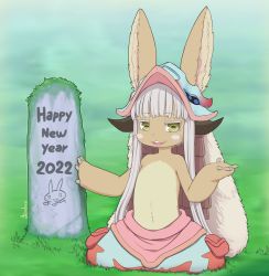 1other 2022 :3 animal_ears blue_pants commentary ears_through_headwear english_commentary furry grass green_eyes grey_hair hands_up happy_new_year helmet highres horizontal_pupils horns kionant looking_at_viewer made_in_abyss nanachi_(made_in_abyss) new_year pants sidelocks signature smile solo tombstone topless_other