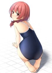 1girl arm_support ass blush braid competition_school_swimsuit dot_nose kneeling looking_at_viewer looking_back one-piece_swimsuit orange_eyes original parted_bangs pout red_hair school_swimsuit shibacha short_hair sidelocks simple_background solo swimsuit tile_floor tiles twitter_username white_background
