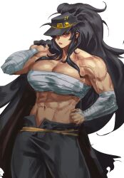 1girl abs absurdres arm_wrap banchou biceps big_hair black_hair breasts budget_sarashi chest_sarashi cleavage commentary daidouji_(senran_kagura) delinquent english_commentary hat highres large_breasts long_hair looking_at_viewer mole mole_under_eye muscular muscular_female navel obliques red_eyes sarashi senran_kagura simple_background solo very_long_hair virgoart white_background