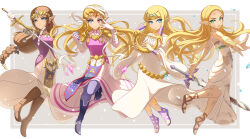 4girls absurdres armor bandaged_arm bandaged_head bandages blonde_hair blue_eyes boots border bracelet brown_boots brown_hair brown_sandals commentary dress earrings elbow_gloves english_commentary enni floating_hair forehead gladiator_sandals gloves green_eyes hair_ornament heterochromia highres holding holding_instrument holding_sword holding_weapon instrument jewelry long_sleeves looking_at_viewer lyre master_sword multicolored_dress multiple_girls multiple_persona nintendo ocarina outside_border pink_dress pointy_ears princess_zelda purple_sandals red_eyes sandals shoulder_armor sword the_legend_of_zelda the_legend_of_zelda:_breath_of_the_wild the_legend_of_zelda:_ocarina_of_time the_legend_of_zelda:_skyward_sword the_legend_of_zelda:_twilight_princess tiara triforce triforce_print two-tone_dress weapon white_border white_gloves wide_sleeves