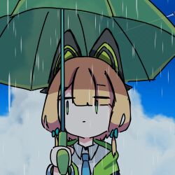 1girl :| absurdres animal_ear_headphones animal_ears blonde_hair blue_archive blue_necktie blue_sky bow cat_ear_headphones cat_ears closed_mouth cloud cloudy_sky collared_shirt commentary_request fake_animal_ears green_bow green_eyes green_jacket hair_bow hand_up headphones highres holding holding_umbrella hood hooded_jacket jacket jitome looking_to_the_side low-tied_sidelocks midori_(blue_archive) necktie no_halo open_clothes open_jacket rain sasami_(user_hjwc8354) shirt short_hair sidelocks sky solo umbrella white_shirt |_|