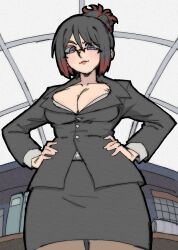 1girl absurdres black_hair black_jacket black_skirt breasts brown_pantyhose class_of_09 cleavage folded_ponytail from_below glasses hands_on_own_hips highres jacket large_breasts lynn_hadley miniskirt multicolored_hair office_lady over-rim_eyewear pantsu-ripper pantyhose pencil_skirt purple_eyes red_hair red_lips semi-rimless_eyewear skirt solo streaked_hair two-tone_hair v-shaped_eyebrows