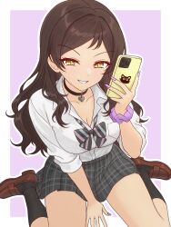 1girl 82k_mugi between_legs black_bow black_bowtie black_choker black_hair black_socks blush border bow bowtie breast_pocket breasts cellphone choker collarbone collared_shirt concept_gyarus_(idolmaster) diagonal-striped_bow diagonal-striped_bowtie diagonal-striped_clothes dot_nose eyelashes grey_skirt grin gyaru hand_between_legs hand_up heart heart_choker highres holding holding_phone idolmaster idolmaster_million_live! idolmaster_million_live!_theater_days kitazawa_shiho long_hair looking_at_viewer loose_bowtie medium_breasts official_alternate_costume open_collar outline outside_border phone pink_background pink_nails plaid_clothes plaid_skirt pleated_skirt pocket purple_scrunchie school_uniform scrunchie shirt sidelocks sitting skirt sleeves_rolled_up smartphone smile socks solo striped_clothes v-shaped_eyebrows wariza wavy_hair white_border white_outline white_shirt wrist_scrunchie yellow_eyes