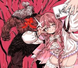 Rule 34 | 1boy, 1girl, :p, absurdres, akuma (street fighter), amayui moka, braid, brown hair, cellphone, cloak, cowboy shot, dark-skinned male, dark skin, double-parted bangs, dress, frilled dress, frills, from behind, fur skirt, garter straps, grey eyes, hair between eyes, hand over eye, heaven (kanji), highres, holding, holding rope, igawa20000volt, leaning forward, long hair, long sleeves, looking back, muscular, phone, pink cloak, puffy sleeves, red background, red eyes, rope, selfie, shun goku satsu, smartphone, street fighter, street fighter 6, suspenders, sweatdrop, tassel, thighhighs, tongue, tongue out, topknot, topless male, twin braids, v, v-shaped eyebrows, virtual youtuber, vspo!, white dress, white hair, white thighhighs