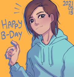 Rule 34 | 1girl, 2021, alternate costume, brown hair, dated, davriann, eizouken ni wa te wo dasu na!, happy birthday, highres, hood, hoodie, mizusaki tsubame, pale skin, short hair, solo, twitter, yellow background