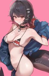 1girl absurdres ahoge alternate_costume bikini bite_mark bite_mark_on_breast black_collar black_hair blance blush breasts cleavage collar collarbone colored_inner_hair commentary ellen_joe fins fish_tail hair_intakes hair_ornament highres jacket jacket_partially_removed looking_at_viewer medium_breasts mole mole_on_arm multicolored_hair navel pink_background pink_hair print_bikini red_eyes shark_girl shark_tail sharp_teeth short_hair simple_background solo stomach sweat swimsuit tail teeth x_hair_ornament zenless_zone_zero