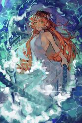 1girl alternate_costume bare_shoulders blurry blurry_background bngb_love bow brown_hairband dress freckles full_body green_eyes hair_bow hairband highres ishmael_(project_moon) limbus_company long_hair looking_at_viewer orange_hair project_moon rope simple_background sleeveless solo standing very_long_hair water white_bow white_dress