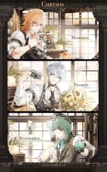 3boys absurdres alternate_costume anaxa_(honkai:_star_rail) antenna_hair apron aqua_eyes aqua_hair arm_strap arm_tattoo bilingual_commentary black_apron black_choker black_gloves black_pants blonde_hair blue_eyes bouquet braid camera character_name chest_tattoo chinese_commentary choker collared_shirt commentary_request facial_tattoo flower food gloves gradient_hair grey_vest hair_between_eyes hair_intakes hair_over_shoulder half_gloves highres holding holding_bouquet holding_camera holding_orb holding_plate honkai:_star_rail honkai_(series) long_hair male_focus medium_hair mixed-language_commentary multicolored_eyes multicolored_hair multiple_boys mydei_(honkai:_star_rail) name_tag neck_tattoo nnnnnova pancake pancake_stack pants phainon_(honkai:_star_rail) plate purple_eyes red_hair red_pupils red_tattoo shirt short_hair side_braid sun_symbol sun_tattoo tan tattoo two-tone_eyes vest white_hair white_shirt window yellow_eyes
