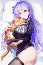 Rule 34 | 1girl, ass, black nails, black thighhighs, breasts, cat, closed mouth, clothes writing, commentary, english commentary, highres, kagefumi, large breasts, long hair, long sleeves, looking at viewer, lying, no panties, no pants, on side, original, pillow, purple eyes, purple hair, skindentation, smile, solo, thighhighs, very long hair