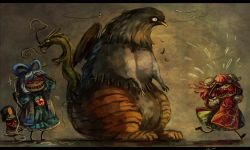 3girls bandages bird blue_hair bug bullying chimera crying doll double_bun dragon dragon_tail eagle fly glowing glowing_eyes grin hair_bun hair_ornament hair_rings hair_stick houjuu_nue ibaraki_kasen insect kaku_seiga koto_inari letterboxed miyako_yoshika multiple_girls needle ofuda pink_hair red_eyes short_hair smile stitches string tail tears touhou wings