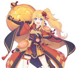 Rule 34 | 1girl, :d, arm guards, armor, black gloves, blonde hair, blue eyes, breastplate, cape, cowboy shot, elbow gloves, fingerless gloves, floating clothes, floating hair, gloves, gluteal fold, hair between eyes, hair ornament, holding, holding weapon, jack-o&#039;-lantern ornament, japanese clothes, kouhaku nawa, long hair, looking at viewer, ninon (halloween) (princess connect!), ninon (princess connect!), official art, open mouth, pleated skirt, princess connect!, rope, shimenawa, side ponytail, skirt, smile, solo, standing, tachi-e, tassel, thigh strap, transparent background, very long hair, weapon, wide-eyed, wide sleeves