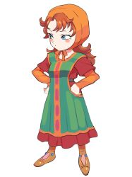 1girl belt blue_eyes blush_stickers breasts closed_mouth dragon_quest dragon_quest_vii dress full_body gan2 green_tabard hands_on_own_hips highres long_hair long_sleeves looking_to_the_side maribel_(dq7) orange_hair orange_hood orange_undershirt red_dress shirt small_breasts solo standing tabard white_background