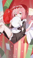 1girl absurdres animal_ears apron arknights black_dress bow box cat_ears cat_girl cat_tail commentary_request covered_mouth dress feet_out_of_frame food frilled_dress frills fruit goldenglow_(arknights) highres holding holding_plate in_box in_container long_hair long_sleeves looking_at_viewer orange_eyes pink_hair plate puffy_long_sleeves puffy_sleeves red_bow solo strawberry tail teketi white_apron