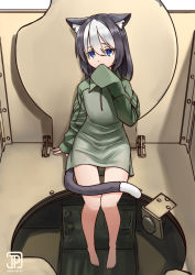 1girl animal_ears artist_logo barefoot black_hair blue_eyes cat_ears cat_girl cat_tail dated full_body green_shirt grey_hair hand_on_own_cheek hand_on_own_face hatch highres jpc logo long_sleeves looking_at_viewer medium_hair metal multicolored_hair no_pants original shirt sitting sleeves_past_wrists solo tail two-tone_hair