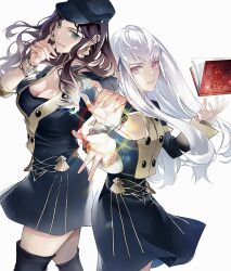 2girls black_thighhighs book boots bracelet breasts brown_hair cleavage closed_mouth dorothea_arnault earrings fire_emblem fire_emblem:_three_houses garreg_mach_monastery_uniform green_eyes hat highres holding holding_book jewelry large_breasts long_hair long_sleeves looking_at_viewer lysithea_von_ordelia magic multiple_girls nintendo pink_eyes simple_background small_breasts smile thigh_boots thighhighs thighs white_background white_hair zat_296