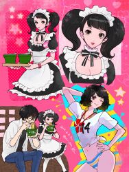 1boy 1girl amamiya_ren apron arm_behind_head bikini black_hair black_shirt blue_pants bowl breasts chopsticks cleavage closed_eyes dated eating eyelashes food glasses hand_on_own_hip highres holding holding_bowl holding_chopsticks kawakami_sadayo maid maid_headdress multiple_views noodles one_eye_closed oui_zen pants parted_lips persona persona_5 shirt short_sleeves simple_background sitting star_(symbol) striped_bikini striped_clothes swimsuit twintails twitter_username whistle whistle_around_neck white_apron white_shirt