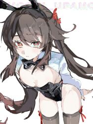 1girl absurdres alternate_costume animal_ear_hairband animal_ears arms_behind_back black_bow black_bowtie black_leotard blush bow bowtie breasts brown_thighhighs closed_mouth fake_animal_ears flower-shaped_pupils genshin_impact hairband highleg highleg_leotard highres hu_tao_(genshin_impact) latex latex_leotard leotard long_hair mochi_upamo playboy_bunny rabbit_ear_hairband rabbit_ears red_eyes shrug_(clothing) simple_background small_breasts solo sweatdrop symbol-shaped_pupils thighhighs white_background white_shrug wide_hips