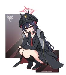 1girl absurdres black_boots black_hair black_hat black_horns black_skirt blue_archive boots chiaki_(blue_archive) curved_horns demon_girl demon_horns fellatio_gesture gehenna_academy_logo halo hat highres horns long_hair long_sleeves looking_at_viewer miniskirt necktie peaked_cap pleated_skirt red_eyes red_halo red_necktie skirt solo squatting very_long_hair xandier59