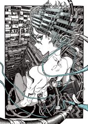 1girl absurdres aqua_eyes assembling bare_shoulders border bright_pupils building cable city closed_mouth commentary_request cyberpunk cyborg feathers from_above from_behind ghost_in_the_shell gun highres holding holding_gun holding_weapon kusanagi_motoko looking_back machinery monochrome nude omao outside_border industrial_pipe science_fiction short_hair solo subdermal_port translucent_hair transparent weapon white_border