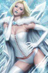 1girl blonde_hair breasts cape cleavage corset cowboy_shot elbow_gloves emma_frost fur-trimmed_cape fur_trim gem gloves hand_on_own_hip highres looking_at_viewer marvel parted_bangs short_hair solo standing stanley_lau thighhighs white_gloves white_thighhighs