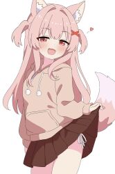 1girl :d animal_ears brown_hoodie brown_skirt clothes_lift dog_ears dog_girl dog_tail fangs heart highres hood hood_down hoodie lifting_own_clothes long_hair miniskirt open_mouth original pink_eyes pink_hair pleated_skirt simple_background skin_fangs skirt skirt_lift smile tail teasing two_side_up yuu-chan_(inugamikenoy) yuu-kun_(inugamikenoy)