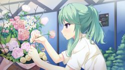 Rule 34 | 1girl, blouse, closed mouth, flower, frilled shirt, frills, from side, game cg, gen 1 pokemon, green hair, highres, ikebana, indoors, kitaooji karen, light blush, long hair, looking to the side, making lovers, official art, orange eyes, ponyta, red flower, shirt, solo, taniyama-san, third-party source, white flower, white shirt, yellow flower