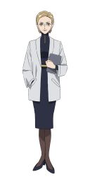 1girl belt blonde_hair blue_dress coat dress full_body green_eyes gundam gundam_gquuuuuux hand_in_pocket high_heels highres lab_coat looking_at_viewer official_art open_clothes open_coat pantyhose pumps short_hair simple_background smirk solo standing tablet_pc tirza_lionni transparent_background turtleneck turtleneck_dress white_coat