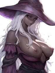 1girl absurdres black_skin blimax_28k breasts breasts_out closed_mouth colored_skin dark-skinned_female dark_skin elden_ring elden_ring_nightreign hat highres large_breasts large_hat lips long_hair looking_at_viewer nipples no_bra puffy_nipples purple_hat purple_sleeves recluse_(elden_ring) solo very_dark_skin white_background white_hair witch witch_hat